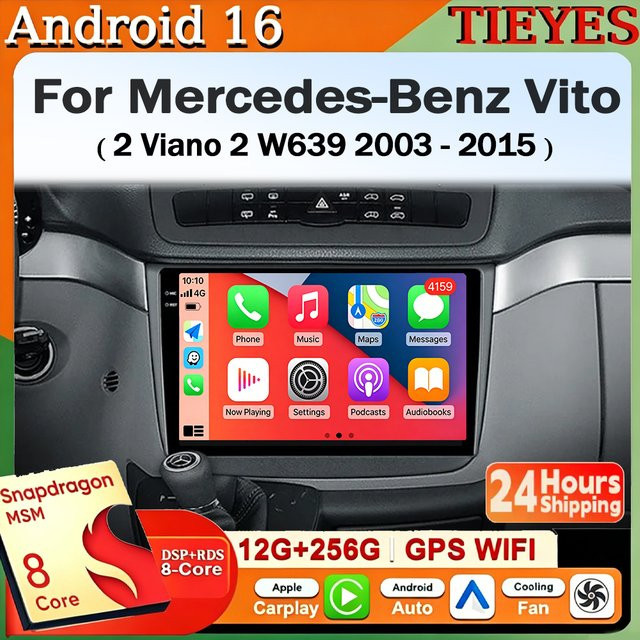 TIEYEZ Android 16 Autoradio mit Carplay und QLED Display für Mercedes-Benz Vito 2 Viano 2 W639 (2003 - 2015), Navigation Multimedia-Stereo-Player mit GPS, Schwarz - Bild 1