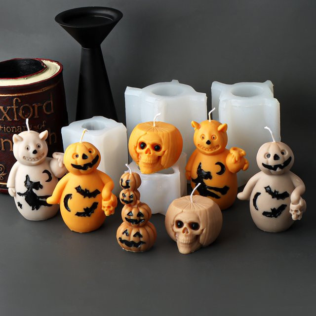 Silikon Kerzenform für Halloween mit Motiven wie Schädel, Geist, Fledermaus, Hexe und Kürbis für DIY Epoxidharz und Gips-Ornamente - Bild 1
