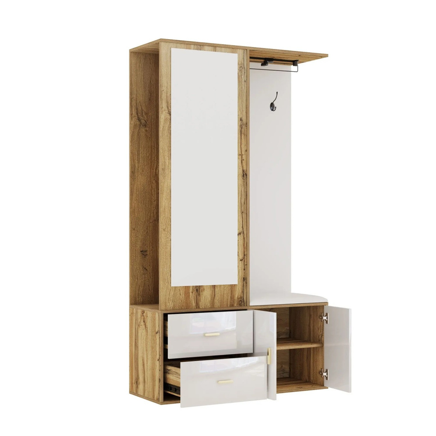 okwish Garderoben-Set für den Flur mit Kleiderschrank, Spiegel, Schuhbank und Haken in Weiß, B/T/H: 100 x 38 x 180 cm - Bild 2