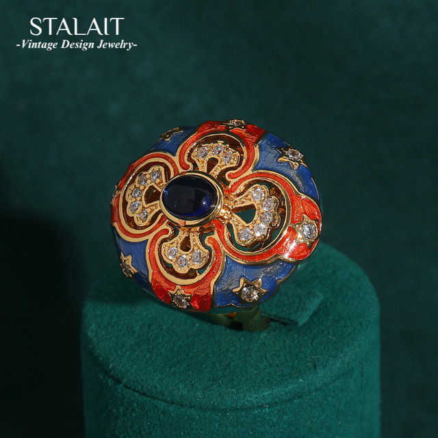 STALAIT Ring, Vintage, Emaille, Gold, Edelstein, Zirkonia, Damen - Bild 1