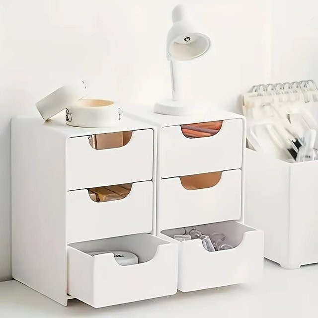 Untior Mini-Schreibtisch-Organizer mit 3 Schubladen und Holzgriffen in Weiß - Bild 1