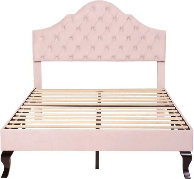 okwish Polsterbett aus Samt in Rosa mit höhenverstellbarem Kopfteil für das Jugendzimmer oder Schlafzimmer, B/T/H: 140 x 200 x 124 cm - Bild 1