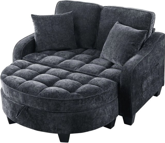 PXloue 2 in 1 Schlafsofa mit Aufbewahrungshocker in Schwarz, minimalistisches Ecksofa mit Eukalyptusholz-Rahmen und Stoffbezug - Bild 1
