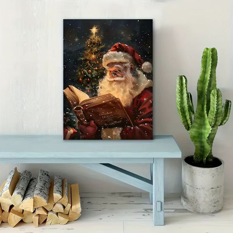 Potdemiel Retro Leinwanddruck Weihnachtsmann und Rentier mit Lebkuchenhütte als Wandkunst für dein Wohnzimmer - Bild 3