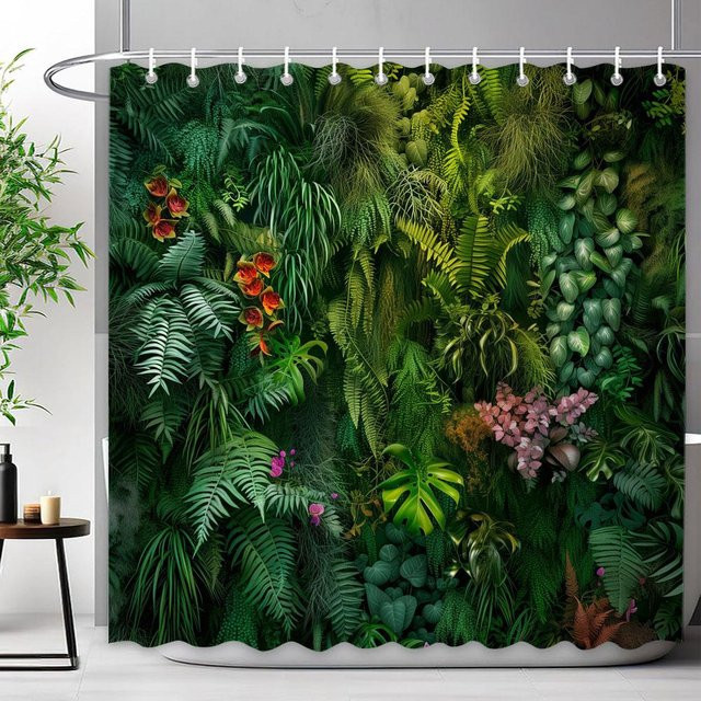 Dunika Chen Duschvorhang mit tropischem Pflanzenmuster in Grün aus Polyester, B: 180 cm, H: 180 cm - Bild 1