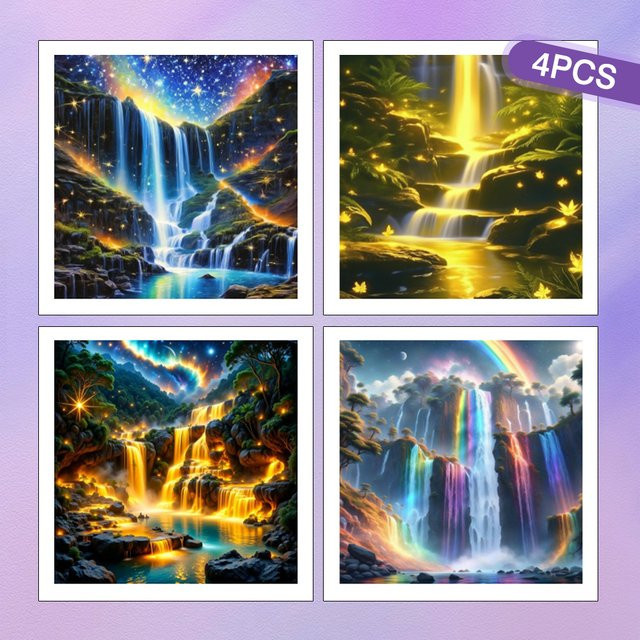 HUACAN 4er Set DIY Diamantmalerei Wasserfall Landschaft mit Vollrunden Bohrern, Mosaik Berglandschaft in Multicolour, B/H: 20 x 20 cm - Bild 1