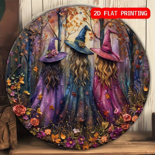Potdemiel Halloween Witch Sisters Rundes Aluminiumschild im Vintage Horror Design, Durchmesser: 20,32 cm, Mehrfarbig - Bild 1