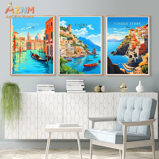 AZNM Vintage-Reiseplakat Italien Leinwand-Wandkunst mit Küstenmotiven von Venedig, Capri und Cinque Terre in Mehrfarbig - Bild 1