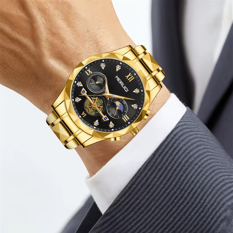 MEIRUIQI Armbanduhr Quarz, Edelstahl, Gold, Schwarz, Herren - Bild 5