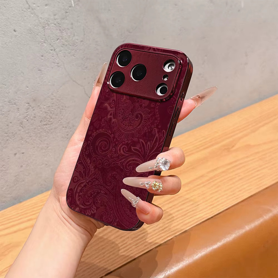 ECOCASE Handyhülle für iPhone 17 16 15 14 13 12 11 Pro Max 16E mit roter galvanisierter Glasschale im Burgunder Paisley Design - Bild 4