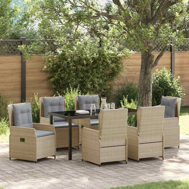 Moderne Garten Essgruppe aus Poly-Rattan mit Glasplatte in Beige und Grau von vidaXL, 7-teilig - Bild 1