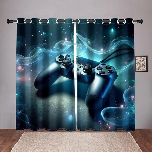 2er-Set Gamer Vorhänge mit Videospiel-Controller Motiv in Blau, halbtransparent, B: 100 cm, H: 130 cm - Bild 1