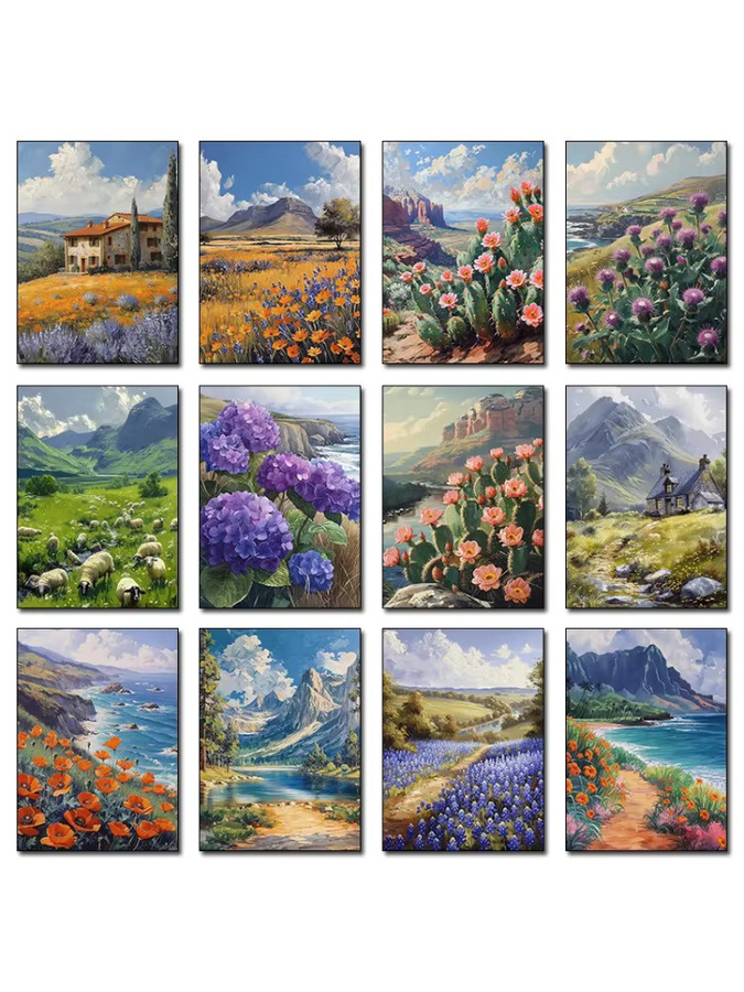 Potdemiel Leinwandgemälde Frühling Landschaft mit Wildblumen und Bergen im Comic-Stil, Mehrfarbig - Bild 4