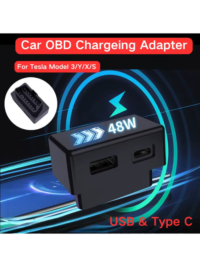 Premium OBD2-Ladegerät-Hub für Tesla Model 3, Y, X und S mit USB und Typ-C Dual-Splitter in Schwarz - Bild 5