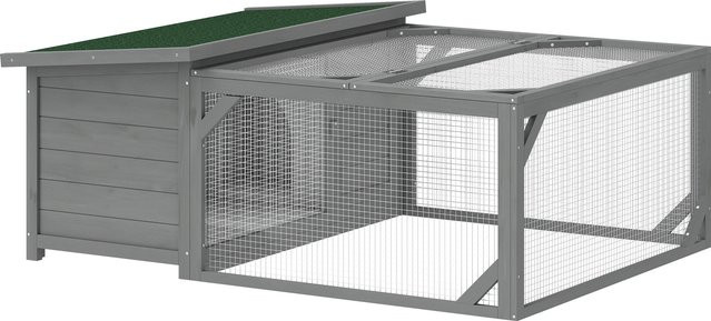 PawHut Hasenstall aus Holz in Grau als Kaninchenstall und Freilaufgehege für Meerschweinchen mit aufklappbarem Bitumendach, B/T/H: 125,5 x 100 x 49 cm, von Aosom - Bild 1