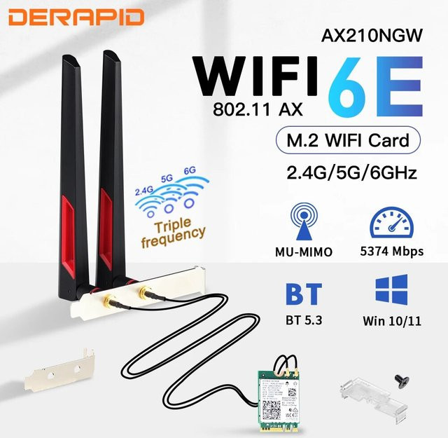 DERAPID WiFi 6E AX210 M.2 Wireless Adapter mit Bluetooth 5.3 und 10dBi Antennen Set für Desktop und PC, kompatibel mit Windows 10/11 - Bild 1