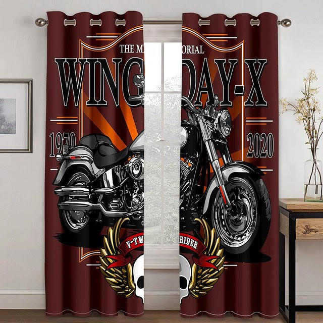 A Family Of Home Textiles Vorhang mit Motorrad-Skelett-Muster im 3D-Digitaldruck, braun, B: 50 cm, H: 130 cm, 2 Stück - Bild 1
