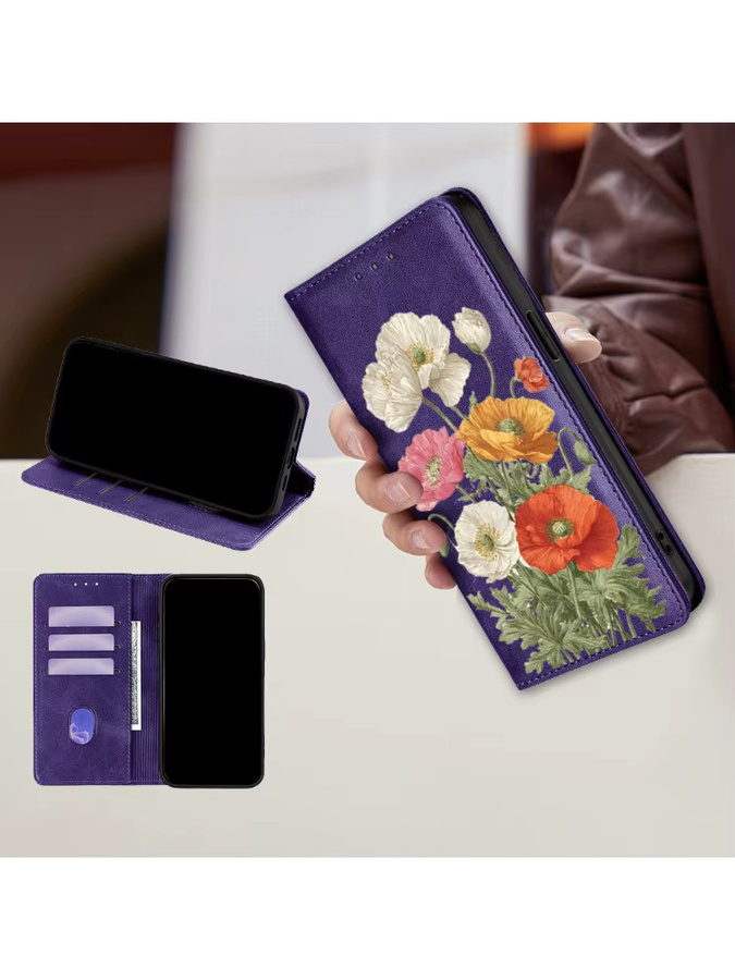 Magnetisches Leder-Flipcase mit Blumenmuster für Xiaomi Poco X7 Pro Poco X6 X5 X4 X3 Pro X3 GT in Braun Multicolour mit Kartenfächern - Bild 4