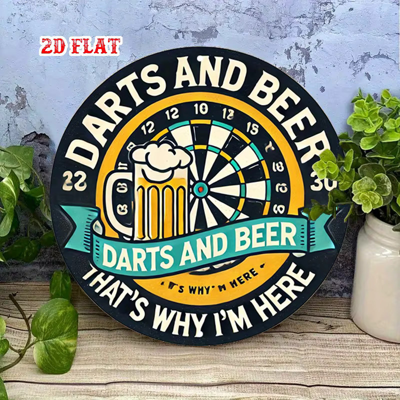Rundes Aluminiumschild Potdemiel mit Retro-Dart- und Biermotiv, Metallwandkunst in Multicolor, Durchmesser: 20 cm - Bild 3
