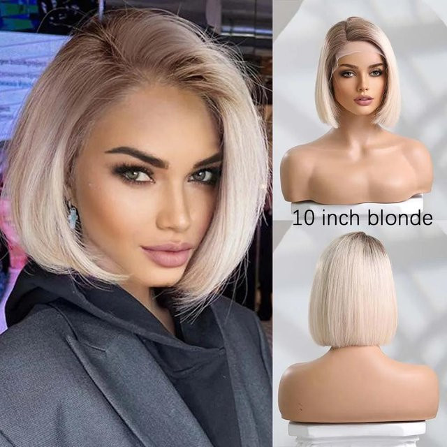 HAIRCUBE Lace-Front-Echthaar-Perücke, Ombré-Platinblond, schulterlang, Bob, Damen - Bild 1