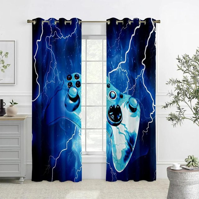 Dekorative Gamer Vorhänge mit Cartoon Controller Motiv in Schwarz und Weiß, 2er Set aus Polyester, Breite: 60 cm, Höhe: 100 cm pro Paneel - Bild 1