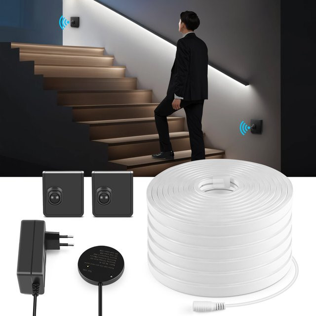 CHNAITEKE LED-Neonstreifen mit PIR-Bewegungserkennung, weißes Silikonband, DC24V intelligente Nachtlampe für Badezimmer, Schlafzimmer und Treppen - Bild 1