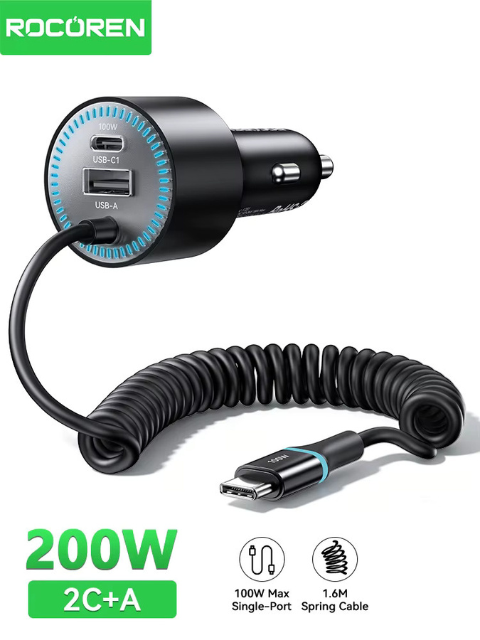 Rocoren 200W Autoladegerät mit PD100W USB Typ C und Federladekabel in Schwarz - Bild 5