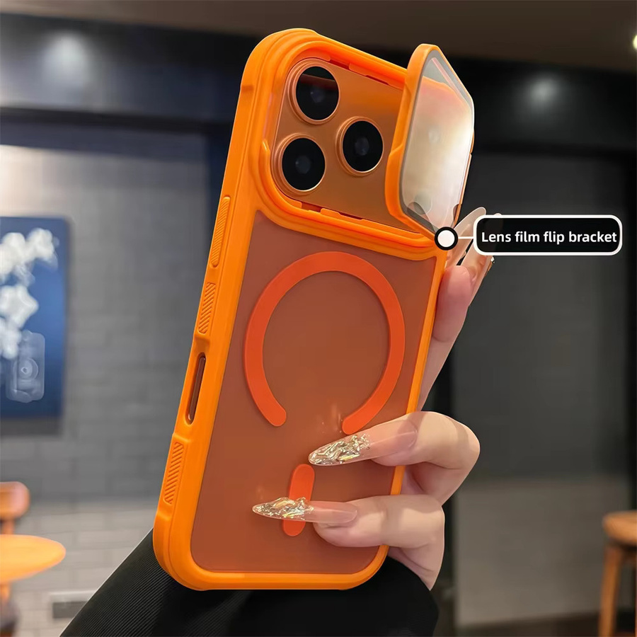 FUCHU MagSafe Magnetische iPhone Schutzhülle mit Flip Stand und Voller Linse für iPhone 17 16 15 14 13 12 Pro Max Air Wireless Charging Matte Abdeckung in Schwarz und Orange - Bild 1