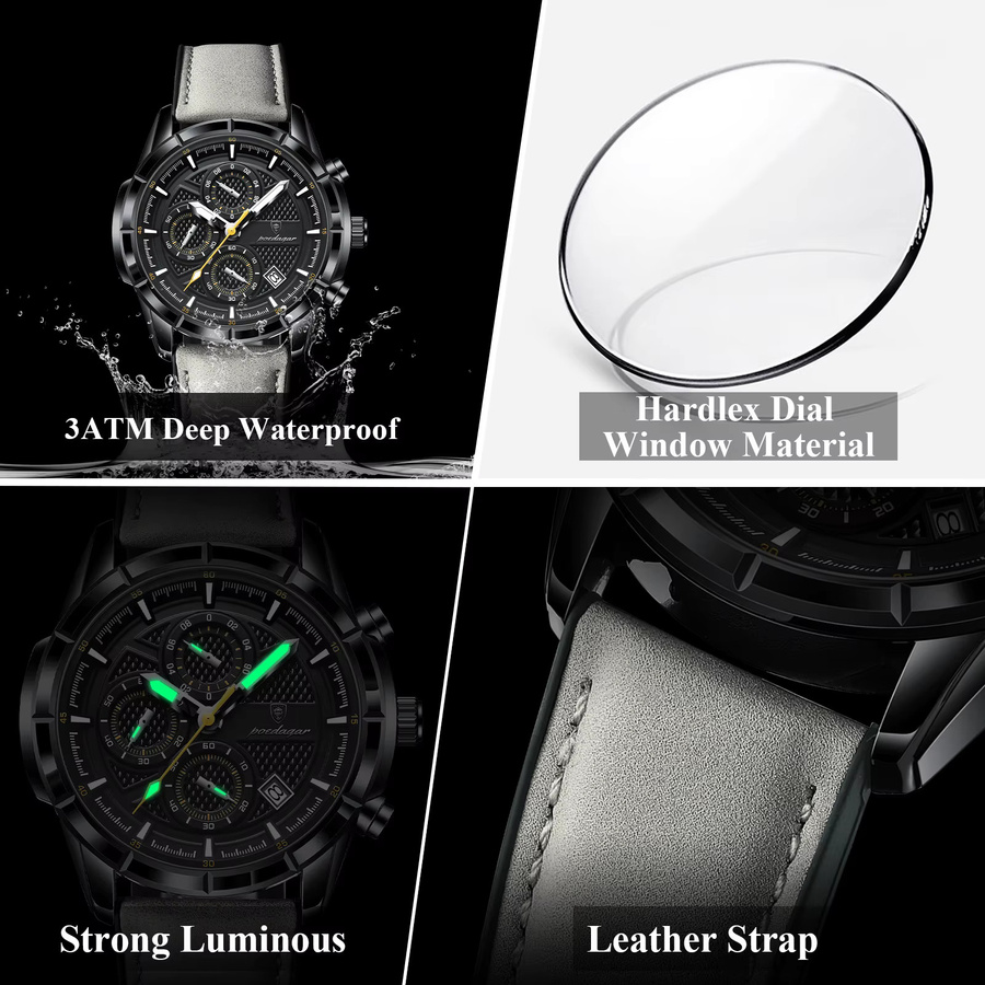POEDAGAR Armbanduhr, Quarz, Leder, Schwarz, Chronograph, Herren - Bild 4