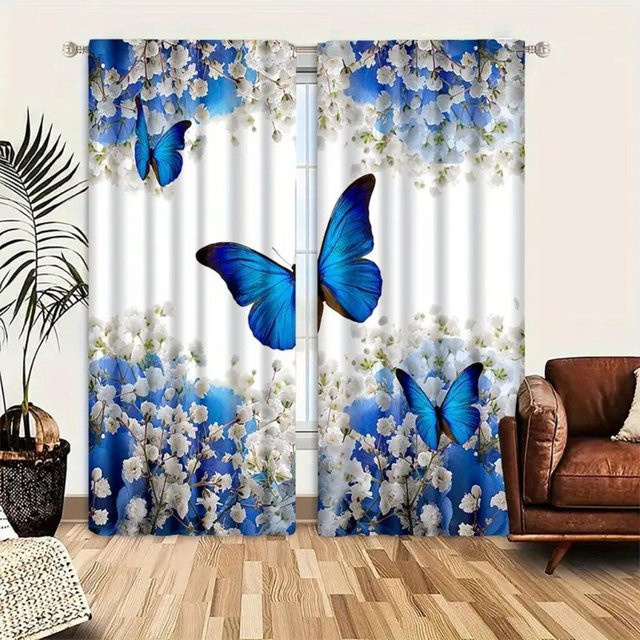 2er Set Weihnachts Vorhänge mit Goldem Druck, Verdunkelungsvorhänge für das Wohnzimmer, Farbe: Gold und Blau, Höhe: 160 cm, Breite: 50 cm pro Panel - Bild 1