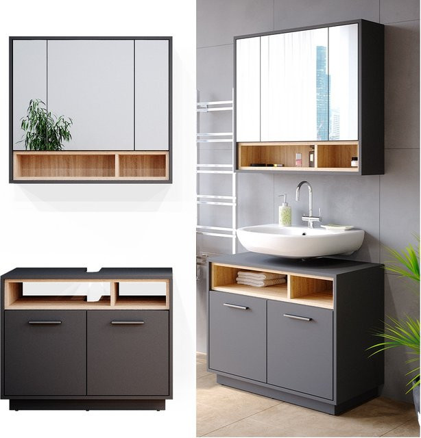 Vicco Badmöbel Beatrice 2er Set aus Spiegelschrank und Unterschrank in Anthrazit - Bild 1