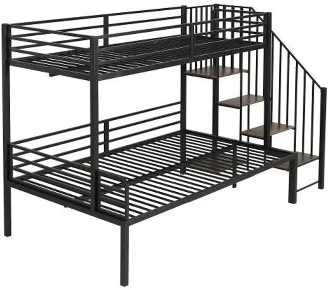 KOMHTOM Etagenbett mit Eckschrank und Treppe aus Eisen und MDF, Schwarz und Vintage-Holzoptik, B/T/H: 210 x 120 x 160 cm - Bild 1