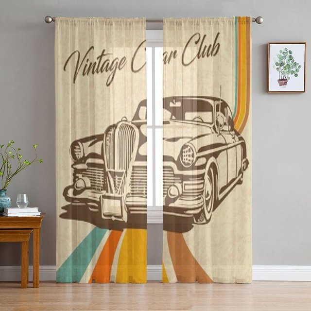 Binchi Outdoor Equipment Transparentgardine mit Vintage Auto Motiv in Beige, B/H: 135 x 114 cm - Bild 1