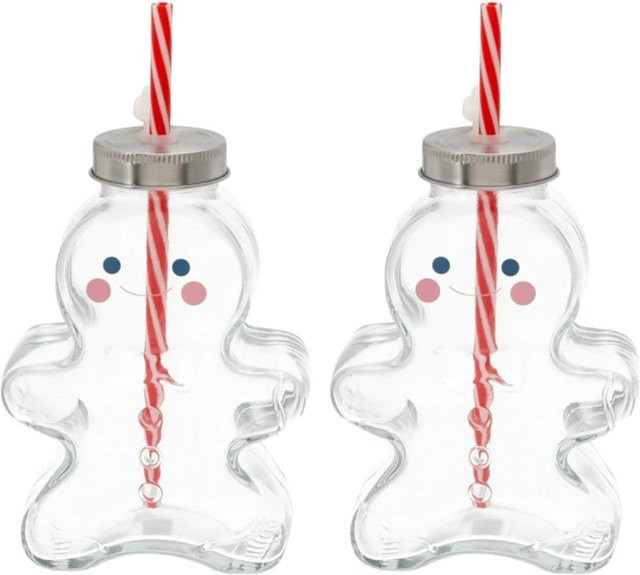 Novaliv 2er Set Personalisierte Weihnachtstassen mit Trinkhalm und Deckel, Glühweinbecher mit Lebkuchenmann und Christbaumkugel Motiv, transparent, 440 ml pro Tasse - Bild 1