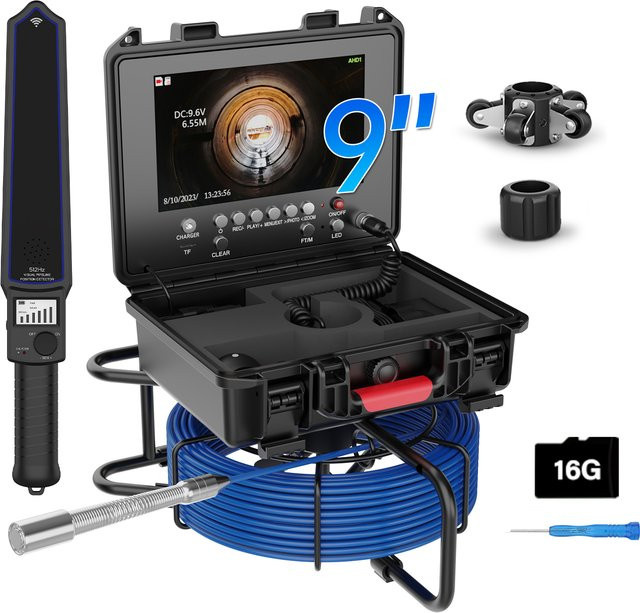 GAMWATER Kanalinspektionskamera mit 9-Zoll-IPS-Display, 1080P-Auflösung, Selbstnivellierung, 512-Hz-Ortungsgerät, 23-mm-Endoskopkamera, Meterzähler und 16 GB DVR in Schwarz - Bild 1