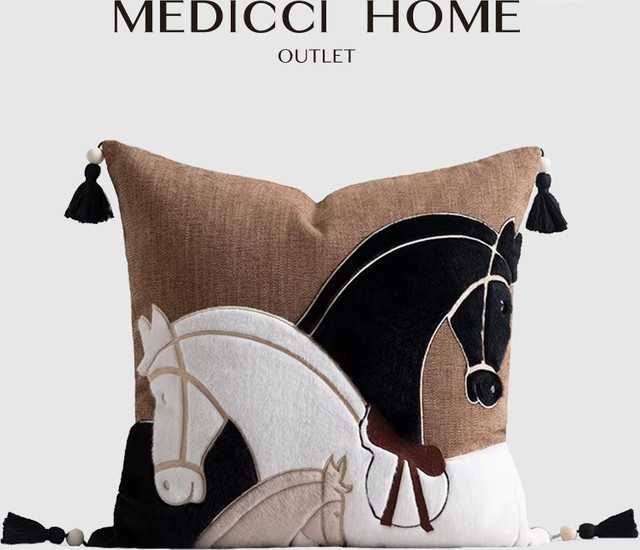 Medicci Home Luxuriöser Kissenbezug mit handgefertigter Pferdesilhouetten-Stickerei in quadratischer Form - Bild 1