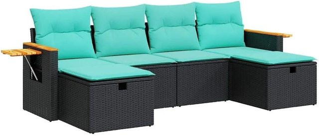 vidaXL 6-teilige Garten-Sofagarnitur aus Poly-Rattan mit Kissen in Schwarz und Blau - Bild 1