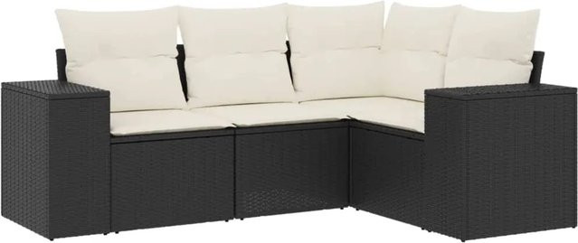 vidaXL 4-tlg Garten-Sofagarnitur in L-Form aus schwarzem Poly-Rattan mit cremeweißen Kissen und Stauraum - Bild 1