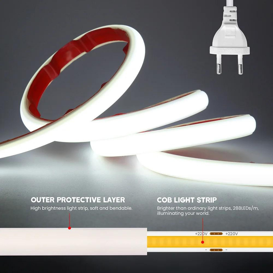 GuangZhouZhenqin LED COB Strip Licht Set in Cool White, Wasserdicht IP67 Silikonschlauchlicht mit EU Strom-Kit, 220V Lineare Beleuchtung, Länge: 5,0 m - Bild 6