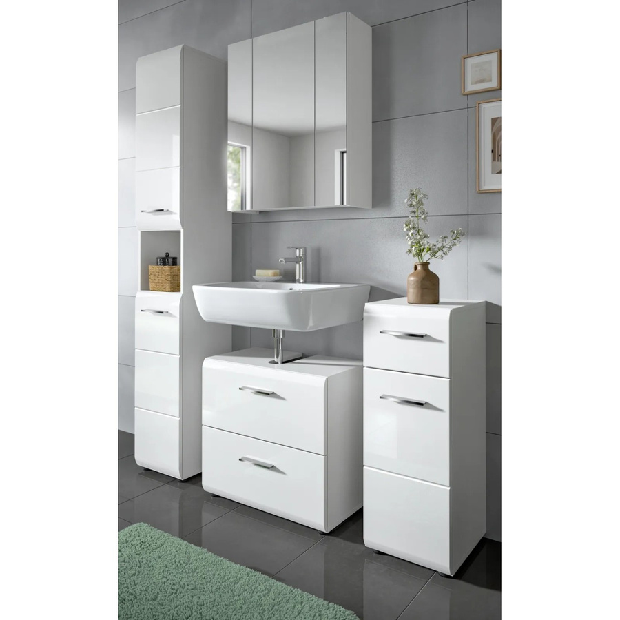Inn.Furn Badmöbel Set Cover in Weiß Hochglanz, 4-teilig, bestehend aus Hochschrank, Spiegelschrank, Waschbeckenunterschrank und Badkommode, Breite: 150 cm, Höhe: 185 cm, Tiefe: 30 cm - Bild 2