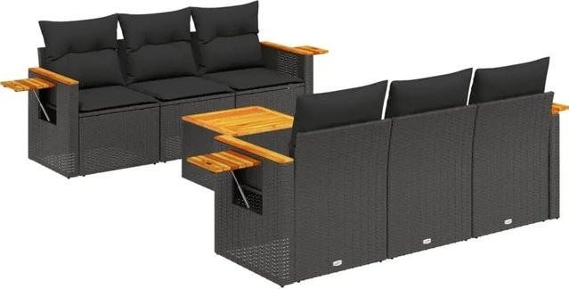 vidaXL 7-tlg Garten-Sofagarnitur aus Poly-Rattan und Akazienholz mit Kissen, Schwarz - Bild 1