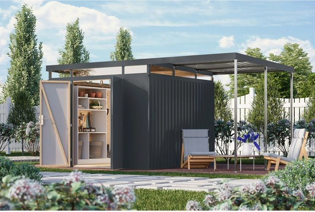 Karibu Metallgerätehaus Argos 3,5 mit Anbaudach in Anthrazit - Bild 1