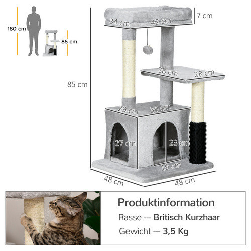PawHut Kratzbaum für Katzen mit Katzenhöhle und integriertem Spielzeug in Hellgrau, B/T/H: 48 x 48 x 85 cm - Bild 2