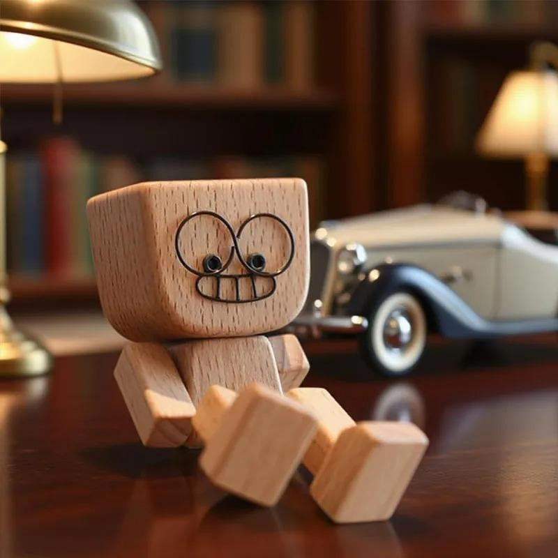 Handgefertigte Wackelnde Holzmann Figur in Braun mit 12 magnetischen Gesichtsausdrücken als Dekoration für das Armaturenbrett im Auto - Bild 3