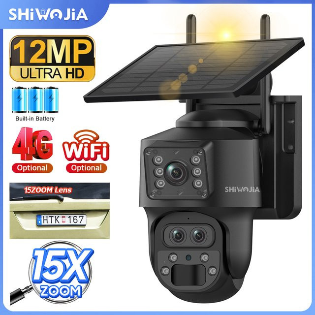 SHIWOJIA AI Solarkamera mit 12MP Auflösung, 15X Zoom, Drei-Linsen-Aufnahme, Dual-Bildschirm, Menschliche Auto-Verfolgung und Farbnachtsicht in Schwarz (4G SIM/WIFI) - Bild 1