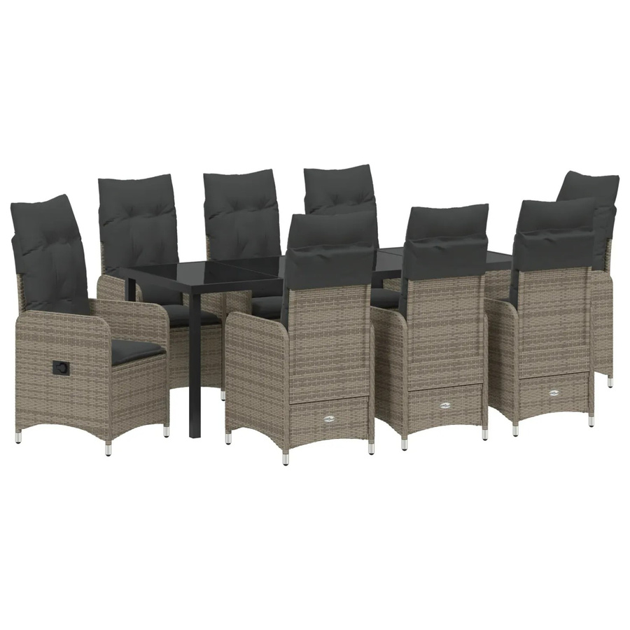 vidaXL 9-teiliges Garten-Esstischset aus Polyrattan mit Kissen in Grau und Glastischplatte - Bild 2