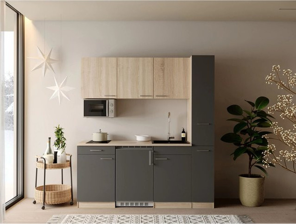 Respekta Ingrid Singleküche Grau mit Mikrowelle und Apothekenschrank, Breite: 180 cm, Tiefe: 60 cm, Höhe: 200 cm