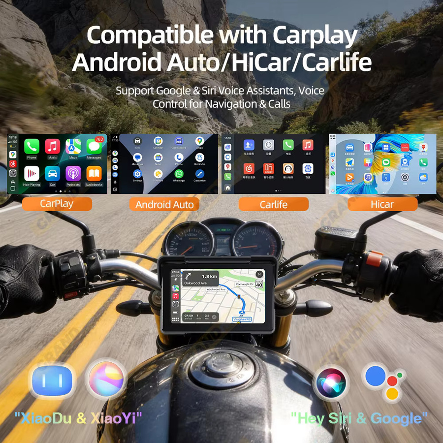 Grandnavi Tragbares 7-Zoll Motorrad-Navigationssystem in Schwarz mit 2K DVR, Android Auto, CarPlay und Bluetooth, IP67 Wasserdicht mit Videorekorder und Monitor - Bild 3