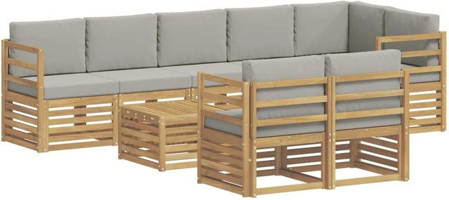 vidaXL Outdoor-Sofagarnitur aus Akazie mit Polstern in Weiß, Grau und Braun, 9-teiliges Set mit Armlehnen und UV-beständigem Polyester, B/T/H: 59 x 59 x 37 cm - Bild 1