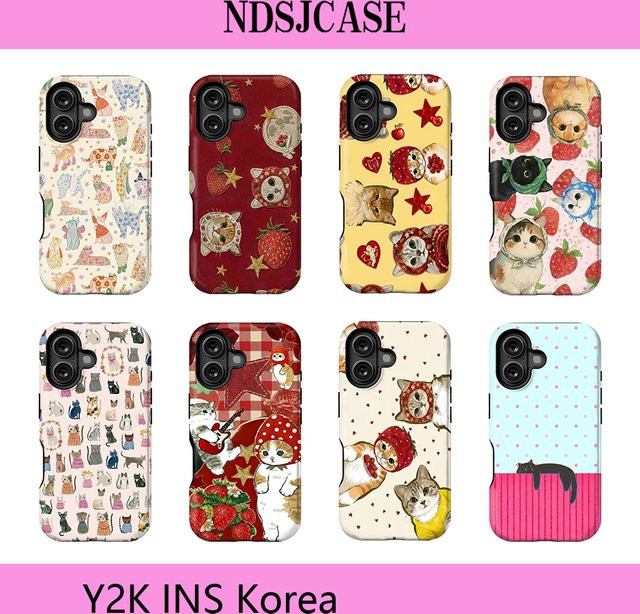 Clmj Handyhülle mit Katzen- und Erdbeer-Design für iPhone 17 16 15 14 13 12 11 Pro Max Plus XS XR Air Doppelschichtige Rückabdeckung - Bild 1